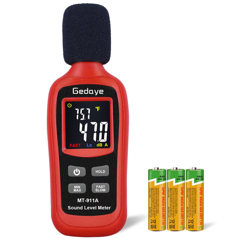 [Australia - AusPower] - Noise Decibel Meter, Gedaye Sound Level Meter Range 35-135dBA, SPL Meter with A Weighted, Data Hold Max/Min, Fast/Slow, Color LCD Backlit Display, Noise Detector dB reader Monitor Audio Measure Device Red 
