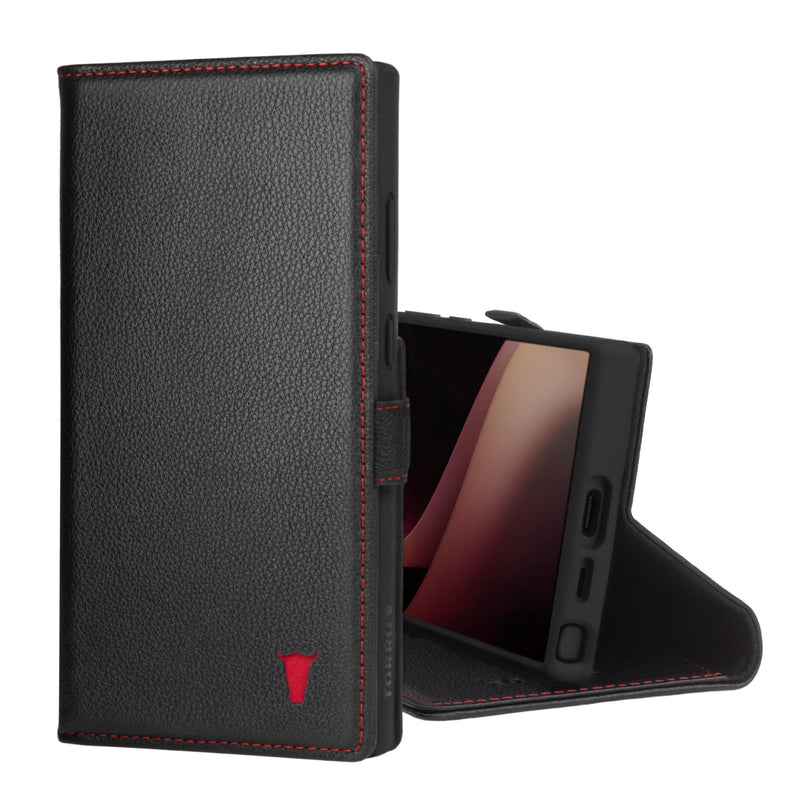 [Australia - AusPower] - TORRO Case Compatible with Samsung Galaxy S24 Ultra 5G – Premium Leather Wallet Case with Kickstand and Card Slots (Black with Red Detail) Black with Red Detail 