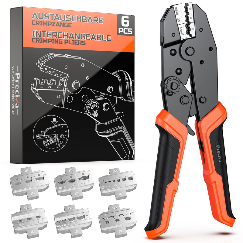Preciva 6 PCS Crimping Tool Set, Ratcheting Wire Crimper Tool for Heat Shrink,Insulated Nylon,Non-Insulated Connectors,Open Barrel,Ferrule Terminals,Solar Connectors(6 Dies) 6 Dies