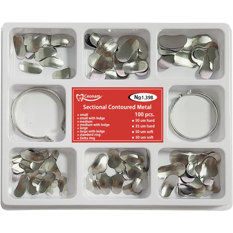 [Australia - AusPower] - 100 Pieces Stainless Steel Sectional Contoured Metal Dental Matrices Kit with Ledges, 0.035mm Thickness, Assorted Sizes Soft Metal Bands for Molar and Premolar Restorations - Dental Matrix System Kit 