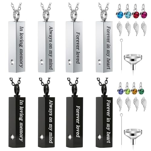 8 Pcs Urn Necklace For Ashes Urn Necklace Stainless Steel Cremation Jewelry For Women Men Cylinder Memorial Necklaces Keepsake Pendant With Funnel(Silver,Black)