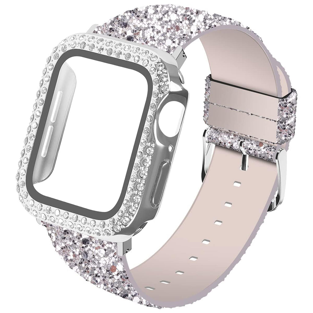 [Australia - AusPower] - Wolait Compatible with Apple Watch Band with Glass Screen Protector 45mm 44mm 40mm 42mm 41mm 38mm ,iWatch Leather Glitter Sparkly Wristband Bracelet with Bling Diamond Case for iWatch SE Series 9 8 7 6 5 4 Women Silver 