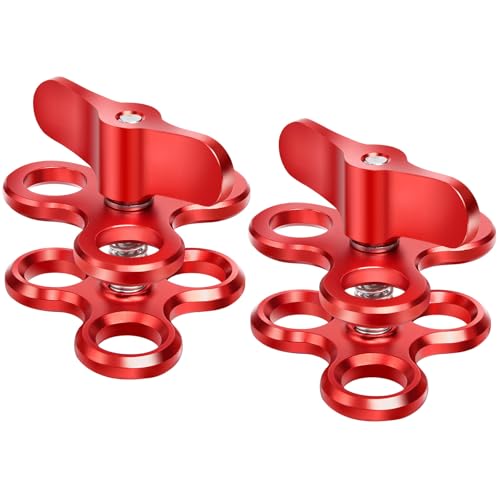 3-Hole 1" Aluminum Underwater Camera Clamp Ball Mount (2-Pack) - Underwater Bracket for Diving Light Arms & Camera Trays, Saltwater-Resistant Adapter for Scuba Photography/Videography Gear Triple Holes Red