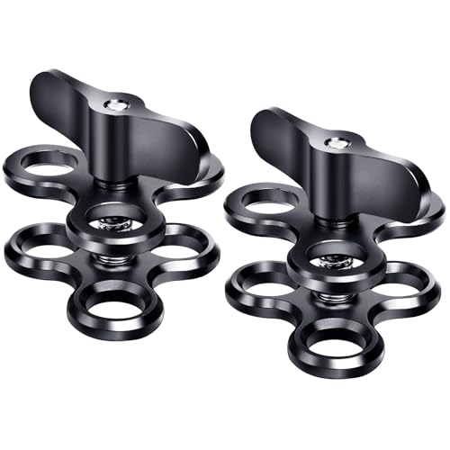 3-Hole 1" Aluminum Underwater Camera Clamp Ball Mount (2-Pack) - Underwater Bracket for Diving Light Arms & Camera Trays, Saltwater-Resistant Adapter for Scuba Photography/Videography Gear Triple Holes Black