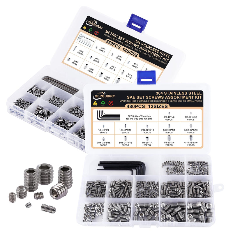 [Australia - AusPower] - 1150PCS Screws Assortment Kit, Standard Metric + SAE Stainless Steel Screws, Allen Head Socket Hex Grub Set Screws for Bathroom Fixtures, Towel Bar (M3-M8, 1/8"-40 to 5/16"-18) Silver 