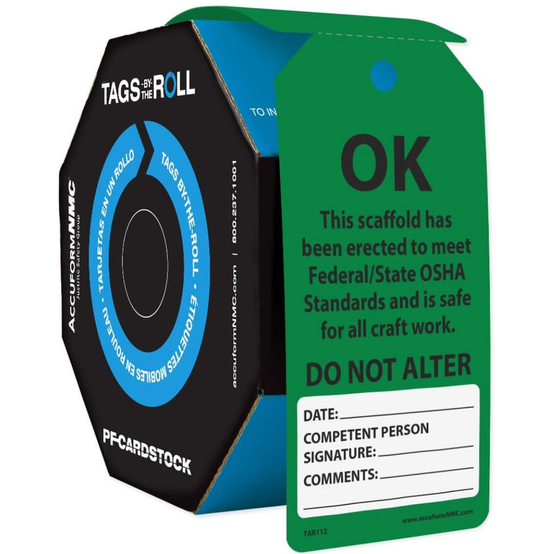 100 Scaffolding Tags by-The-Roll, Scaffold Ok Do Not Alter, US Made OSHA Compliant, Waterproof PF-Cardstock, Resists Tears, 6.25"x3", TAR112 100 Tags