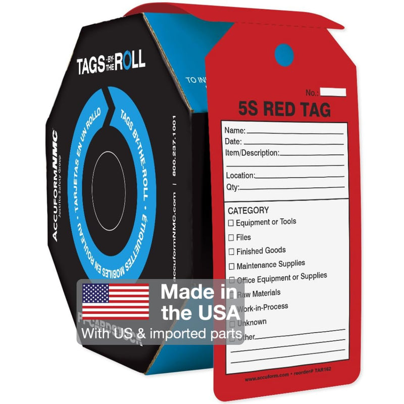 100 Tags by-The-Roll, 5S Red Tag, US Made OSHA Compliant Tags, Waterproof PF-Cardstock, Resists Tears, 6.25"x3", TAR162 100 Tags