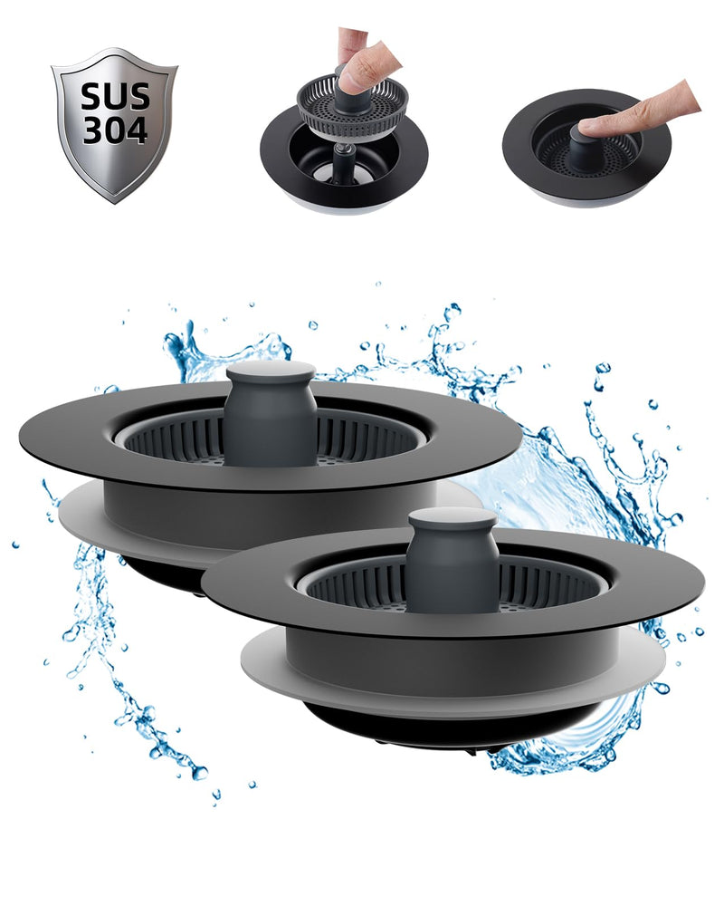 Hibbent 2 Pack 3 in 1 Kitchen Sink Drain Strainer and Stopper Combo, Stainless Steel Metal Pop Up Sink Stopper, Anti-Clogging Basket Strainer with Handle for US Standard 3-1/2 Inch Drain, Black Matte Black