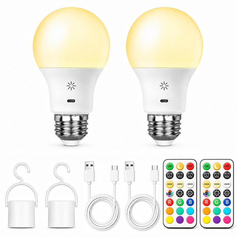 2 x 2600mAh Battery Rechargeable Light Bulb with Remote Control & Touch | E27 Akku Glühbirne, USB-C, 3 Farbtemperaturen, 9 RGB-Farben & 2 Modi, LED, Dimmbar, 8W, 3 Timer, Haken, für Lampen ohne Strom 2 Stück