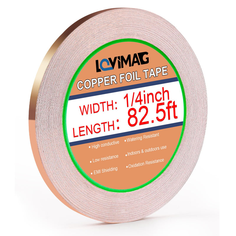 [Australia - AusPower] - LOVIMAG Copper Tape (1/4inchX82.5FT), Copper Foil Tape for Stained Glass, Copper Tape Conductive Adhesive for Guitar and EMI Shielding, Soldering, Crafts, Electrical Repairs, Grounding, DIY(1Rolls) 6.35mmx25m-1p 
