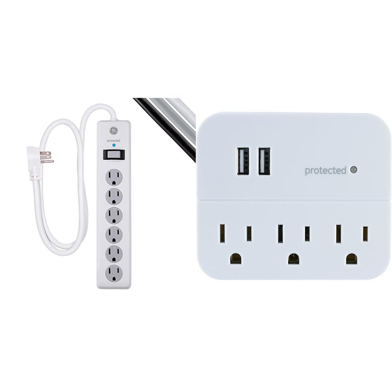 [Australia - AusPower] - GE 6-Outlet Surge Protector, 4 Ft Extension Cord, Power Strip, 800 Joules & 3-Outlet Extender Sur Protector with 2 USB Ports, Charging Station, Wall Tap, Protected Indicator Light White 1 Pack Power Strip + 3-Outlet Extender Sur Protector 