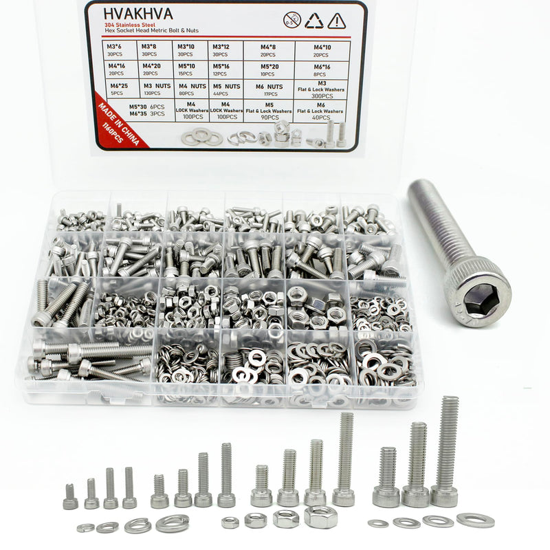 1160Pcs M3/M4/M5/M6 Hex Socket Bolt Kit,304 SS Metric Screws Assortment
