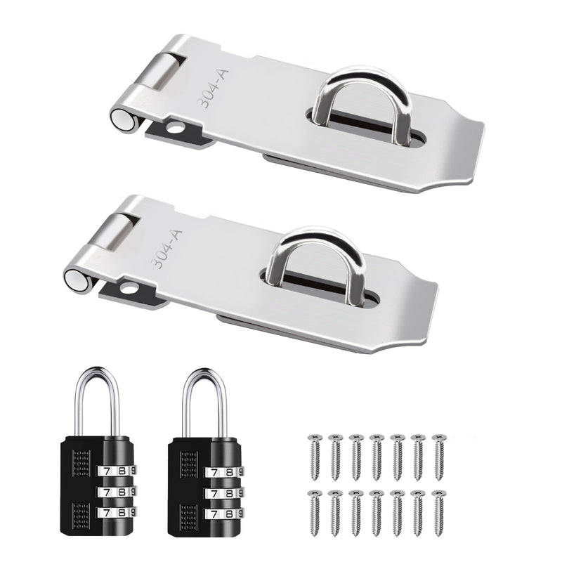 [Australia - AusPower] - 2Pcs Door Locks Hasp Latch,3 Inch 304 Stainless Steel Safety Packlock Clasp Hasp Lock Latch,Hinge Lock Padlock with Screws for Gates,Doors,Cabinets, Closets and More 3 INCH-180° 