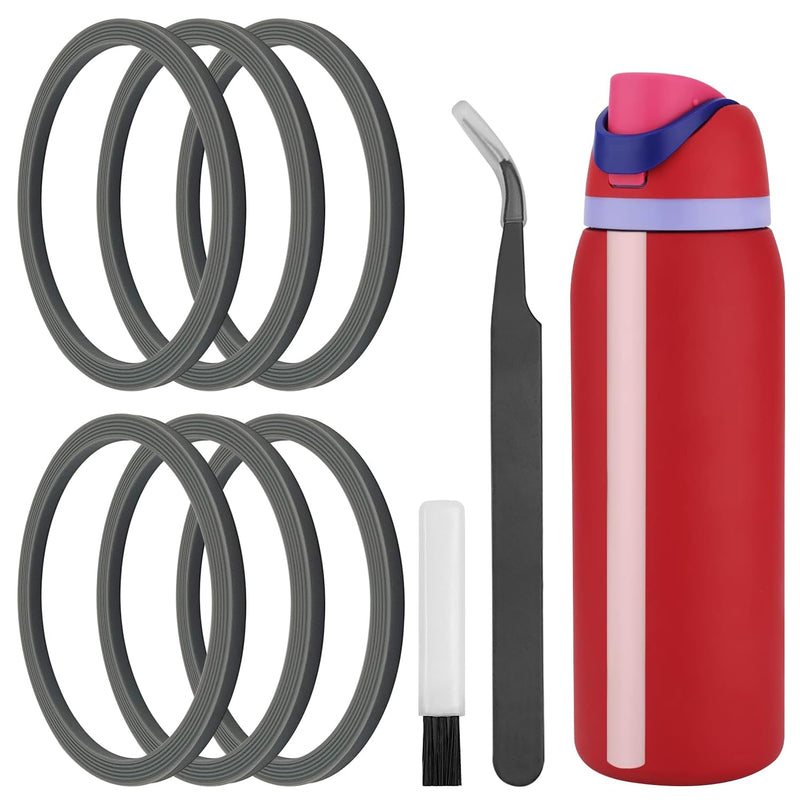 [Australia - AusPower] - 6 Pcs Replacement Silicone Lid Sealing Rings for Owala Water Bottle, with Cleaning Brush and Elbow Tweezers, Lid Gasket Replacement Bottle Accessories Compatible with Owala Water Bottle, Gray 