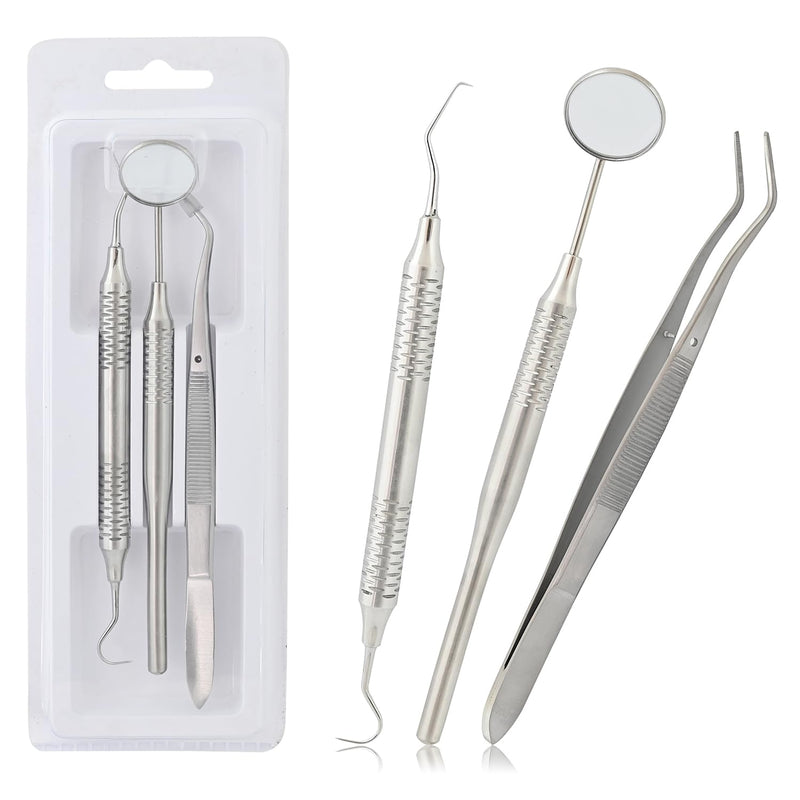 [Australia - AusPower] - Set of 3 Instruments Basic Dental Set Mirror Explorer College Cotton Plier Hollow Handle Dental Instruments (Silver) DN-2512 Silver Set of 3 