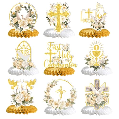 First Holy Communion Honeycomb Centerpieces, Baptism Decorations, God Bless Religious Party Table Decor, First Communion Table Centerpiece, Christening Baby Shower Party Decorations 9PCS
