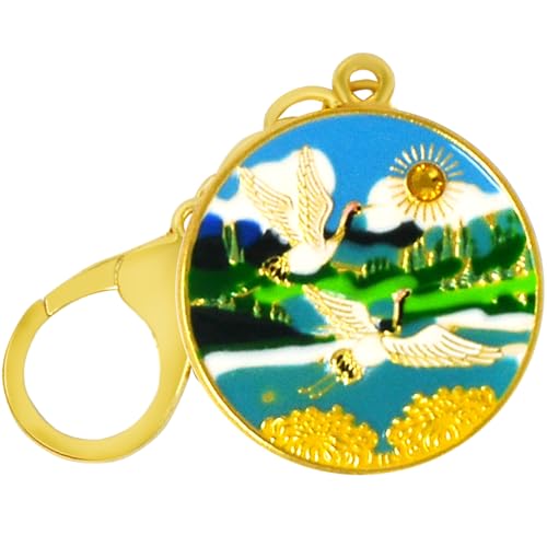 Fengshuibringluck Feng Shui Double Cranes Aspiration ＆ Longevity Amulet Keychain Round Key Ring, Small, Green
