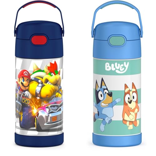 THERMOS FUNTAINER 12 Ounce Stainless Steel Vacuum Insulated Kids Straw Bottle, Super Mario Brothers & FUNTAINER 12 Ounce Stainless Steel Vacuum Insulated Kids Straw Bottle, Bluey