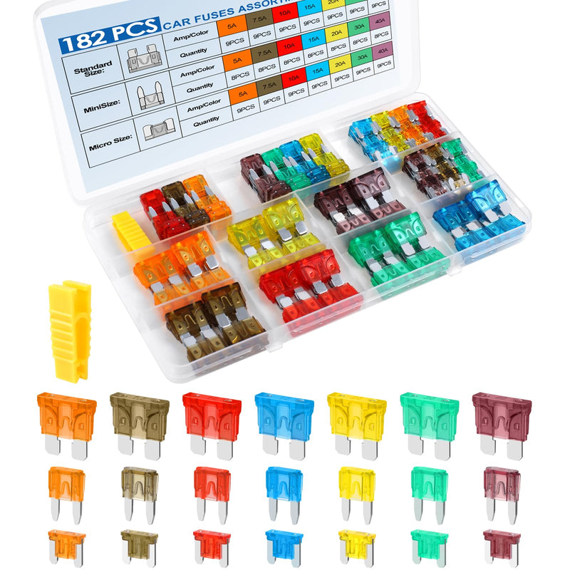 [Australia - AusPower] - 182PCS Car Fuses Assortment Kit, Professional Blade Fuses Automotive - Standard & Mini & Low Profile Mini Fuse (5A/7.5A/10A/15A/20A/30A/40A), cooclensportey Mixed Auto Fuses for Boat, Auto, RV, Truck 