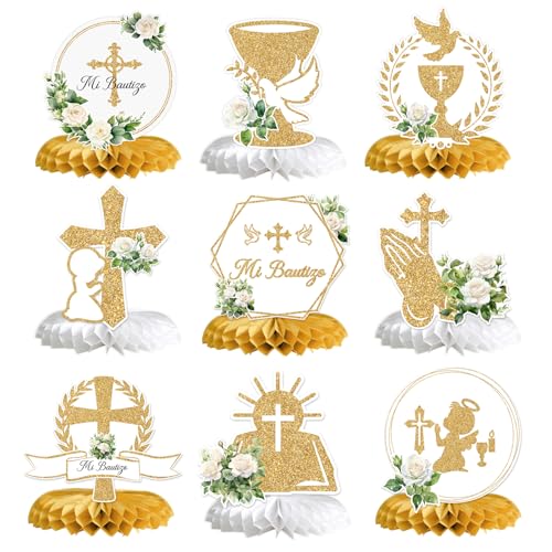 Mi Bautizo Honeycomb Centerpieces, Baptism Party Decor, First Communion Table Decorations, Christening Table Centerpieces, Baby Shower 1st Birthday Party Decorations, 9PCS