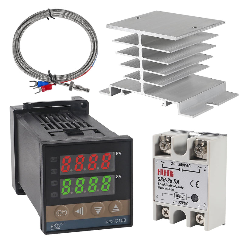 [Australia - AusPower] - UMLIFE PID Temperature Controller REX-C100 REX C100 Thermostat Kit High Voltage 100ACV to 240ACV+ SSR Relay SSR-25DA+ K Thermocouple Thread Probe and White Heat Sink 