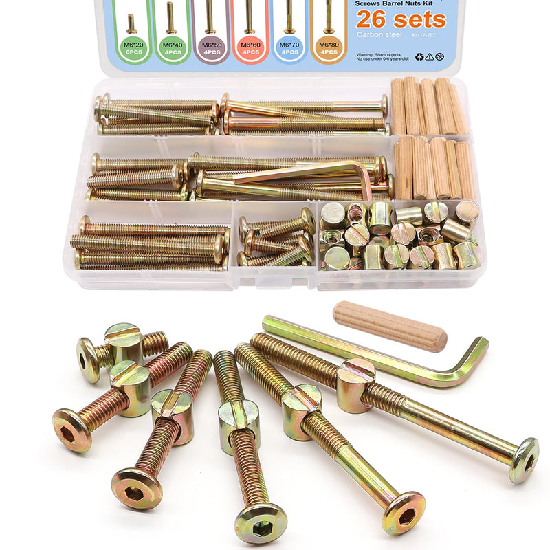 [Australia - AusPower] - weideer 26 Set Crib Screws Hardware Replacement Kit Baby Bed Frame Bolts M6x20/40/50/60/70/80mm Barrel Nuts Wooden Dowel Pins Hex Drive Socket Cap Screws Kit for Beds Chairs Furniture Bronze 