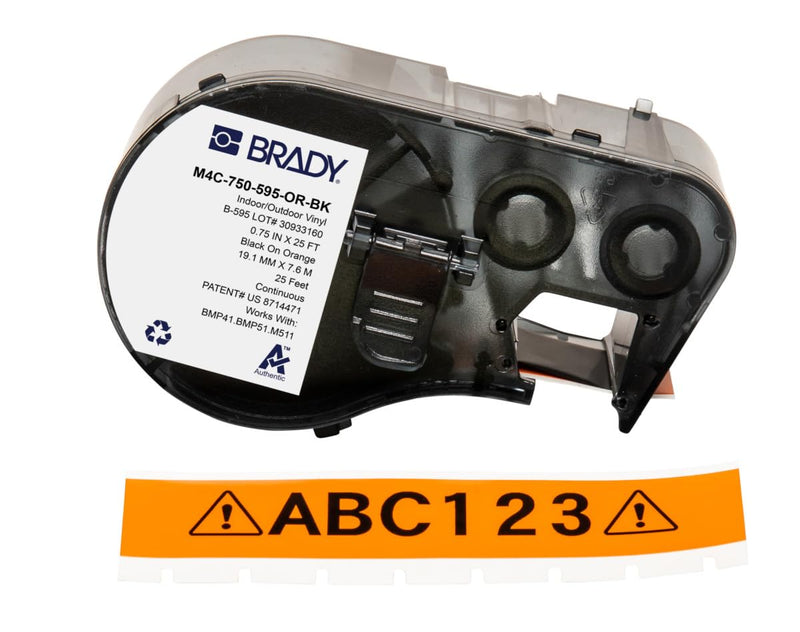 Brady Authentic (M4C-750-595-OR-BK) All-Weather Permanent Adhesive Vinyl Labels 0.75 in W x 25ft Black on Orange. for use with BMP41, BMP51, M410, M510, and M511 Label Printers.