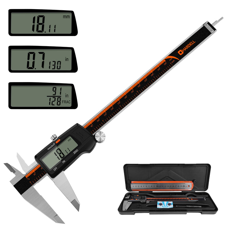 [Australia - AusPower] - HARDELL Digital Caliper, 0-8 Inch Measuring Tool Large LCD Screen,Stainless Steel,Auto-Off,Inch/Fractions/Millimeter Waterproof Caliper Digital Micrometer for DIY/Household/3D Printing 