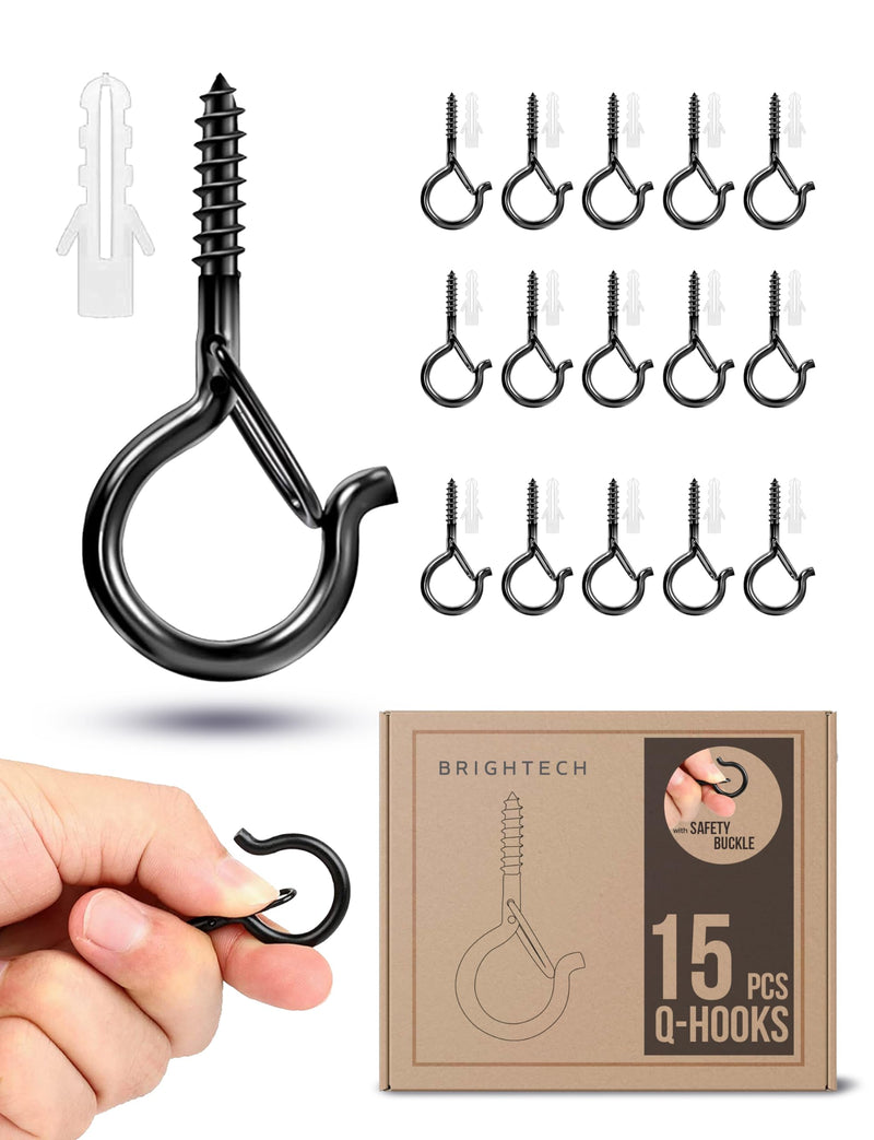 [Australia - AusPower] - Brightech String Light Screw Hooks - Ceiling Hooks for Hanging Solar, Plug-in Lights, Outdoor String Lights - Q Hooks with Safety Buckle Design for Porch, Patio - 15 Pack, Black 15 Pcs 