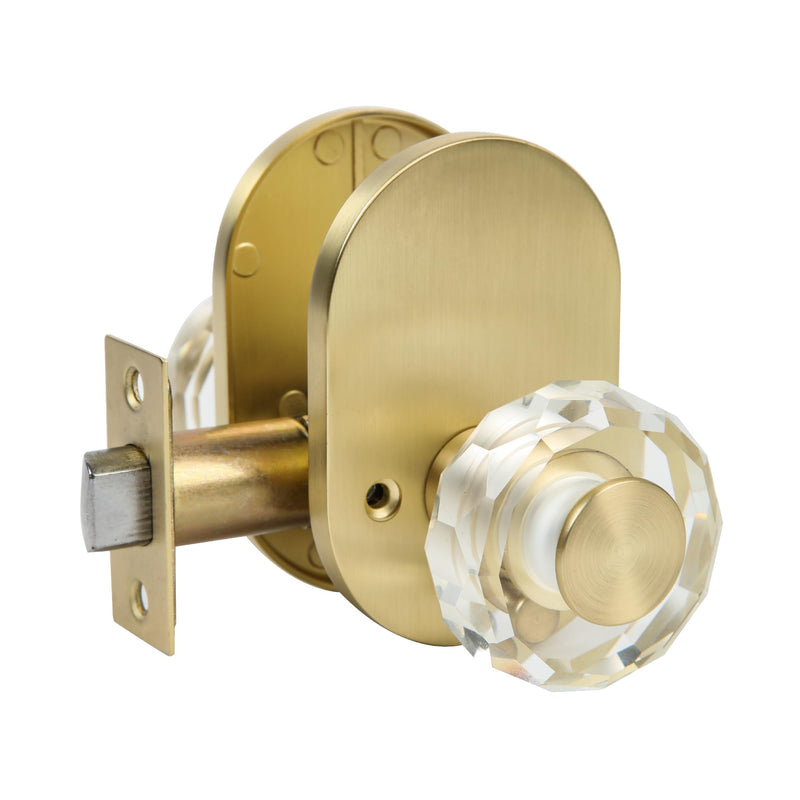 Gold Door Knob Interior, Privacy Door Knob for Bathroom and Bedroom, Premium Glass Door Knobs, Anti-Lock Function, Round Clear Crystal Bathroom Door Knob with Lock, 1 Pack Gold Plated