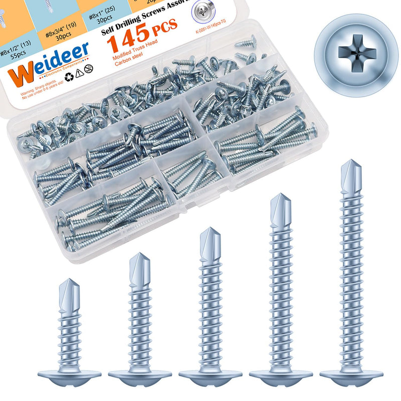 [Australia - AusPower] - weideer 145pcs #8 Sheet Metal Screws Assortment Kit Self Tapping Screws for Metal Modified Truss Head Self Drilling Screws for Metal Plastic Wood 1/2" 3/4" 1" 1-1/4" 1-1/2" 