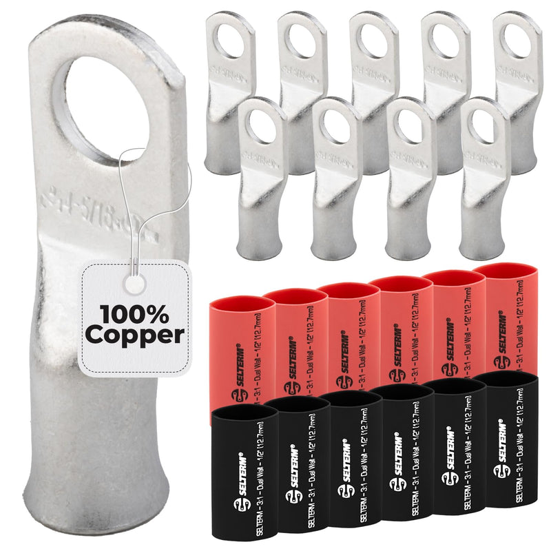 [Australia - AusPower] - SELTERM 10pcs - 4 Awg - 5/16" Stud - Battery Lugs - Ring Terminal Connectors | with 12pcs 3:1 Black & Red Heat Shrink Tubing with Adhesive | Heavy Duty Battery Cable Ends - Tinned Copper Wire Lugs Kit 4 Awg - 5/16" (M8) Ring 10 