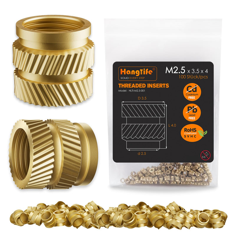[Australia - AusPower] - Heat-Set Threaded Inserts, M2.5 Heat Set Insert for 3D Printing Components and Plastic Parts - Brass Metric Knurled Nuts (100 Pieces) M2.5 x D3.5 x L4(100pcs) 