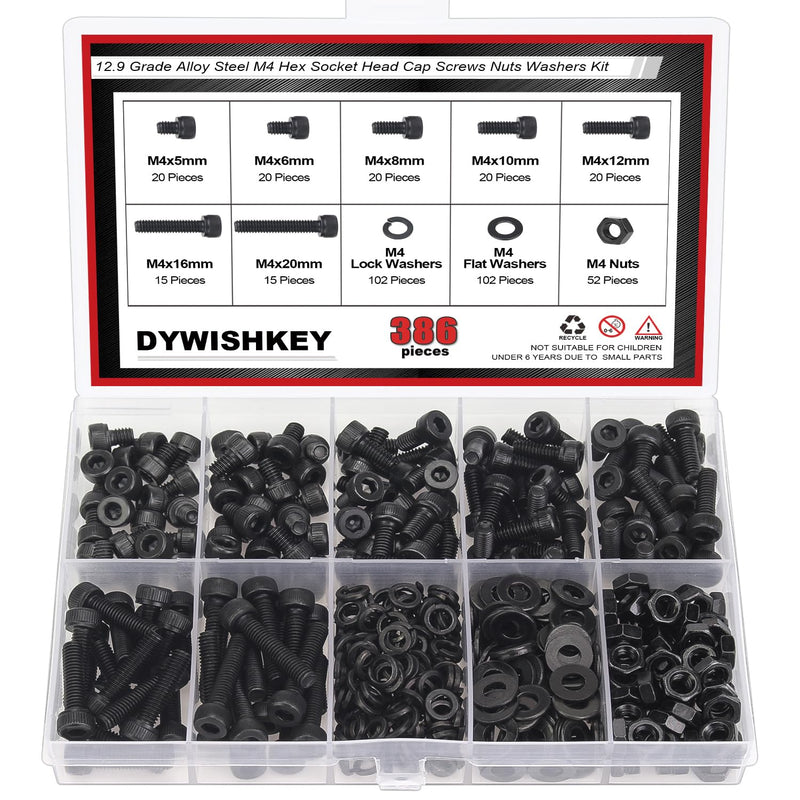 [Australia - AusPower] - 386 Pieces M4 Black Screws, 12.9 Grade Alloy Steel M4x 5/6 /8/10 /12/16 /20mm Hex Socket Head Cap Screws Bolts Nuts Washers Assortment Kit 