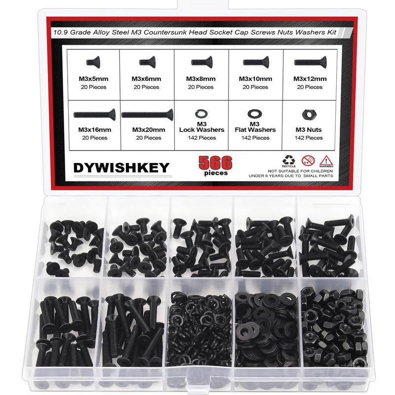 [Australia - AusPower] - 566 Pieces M3 Black Screws, 10.9 Grade Alloy Steel M3x 5/6 /8/10 /12/16 /20mm Countersunk Head Socket Cap Screws Bolts Nuts Washers Assortment Kit 
