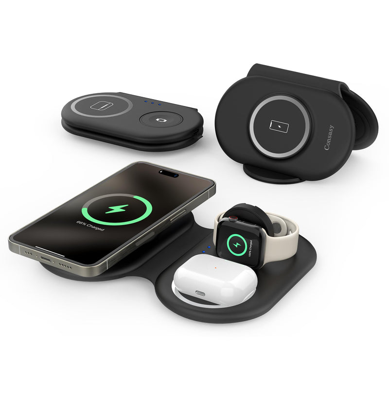 [Australia - AusPower] - 3 in 1 Wireless Charging Station, Magnetic Wireless Charger, Foldable Charger 3 in 1, Travel Charger for iPhone 15/14/13/12 Series, AirPods Pro/3/2, iWatch 2-9/Ultra (Adapter Included) Black 