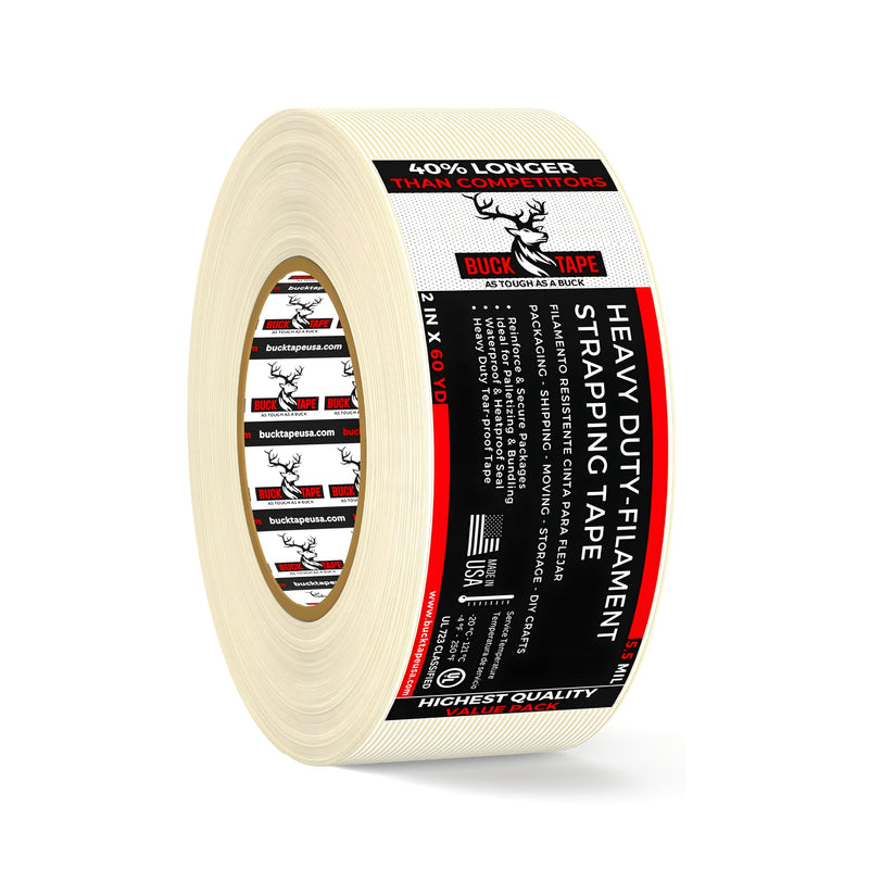 [Australia - AusPower] - Buck Strapping Tape 2 Inch x 60 Yds (180ft) - 5.5Mil Thickness, Heavy Duty Industrial Grade Mono Directional Fiberglass Reinforced Filament Tape with Synthetic PET Adhesive for Bundling & Palletizing 2 Inch x 60 Yards 1 Pack 