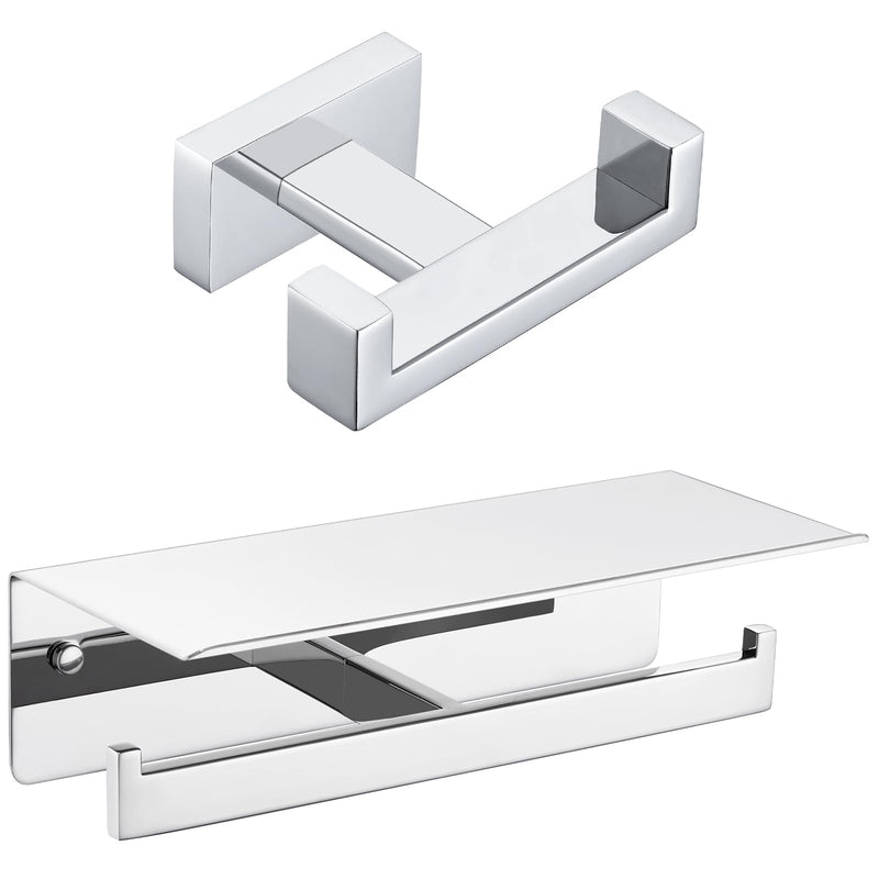 [Australia - AusPower] - Double Toilet Paper Holder with Shelf, Double Towel Hook Bundle, APLusee Polished Chrome 304 Stainless Steel Wall Mounted Bathroom Accessories 