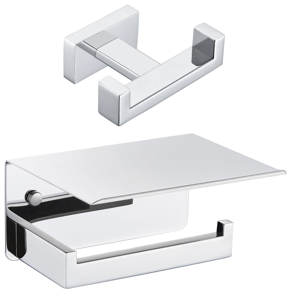 [Australia - AusPower] - Toilet Paper Holder with Shelf, Double Towel Hook Bundle, APLusee Polished Chrome 304 Stainless Steel Wall Mounted Bathroom Accessories 