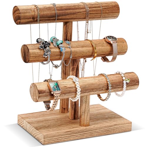 ProCase Bracelet Holder Display Bracelet Organizer, Wooden Bracelet Stand for Selling, T-bar Bangle Storage Rack Wood Watch Display Tower for Business - 3 Tier, Nature