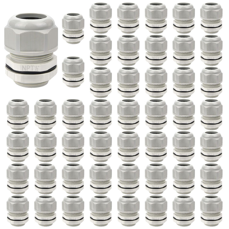LeMotech 50 Pack NPT 1/2" Cable Glands Waterproof Adjustable 6-12mm Cable Connectors Grey Nylon Joints with Gaskets 1/2inch 50-pack Gray