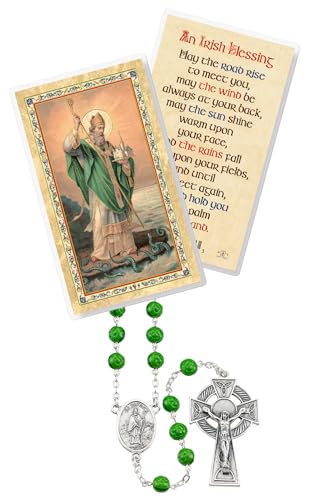 St Patrick Irish Rosary - Laminated St Patrick Prayer Card - Made In Italy Green Saint Patrick Rosary - Shamrock St Patrick Rosary Beads Catholic Patron Saint of Ireland Themed Set - 2 Items