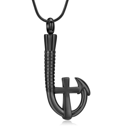 Cross Urn Necklace for Ashes Fish Hook Cremation Urn Pendant Fishing in Heaven Memorial Keepsake Jewelry for Men Black