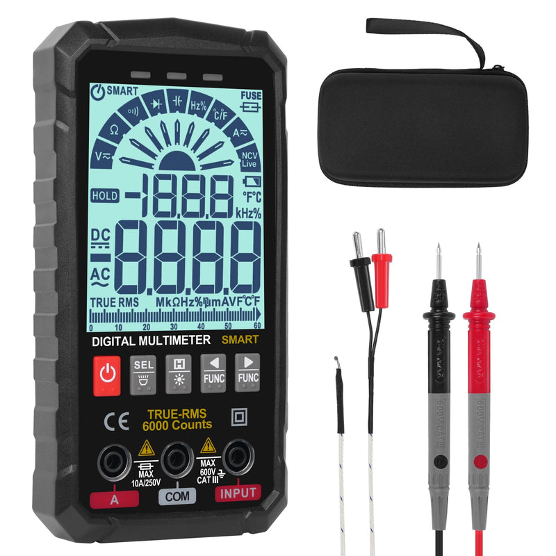 [Australia - AusPower] - WGGE Digital Multimeter Voltmeter Smart Electrical Tester Measures Voltage Current Resistance Continuity Duty-Cycle Capacitance Temperature Frequency Auto Ranging 6000 Counts TRMS 