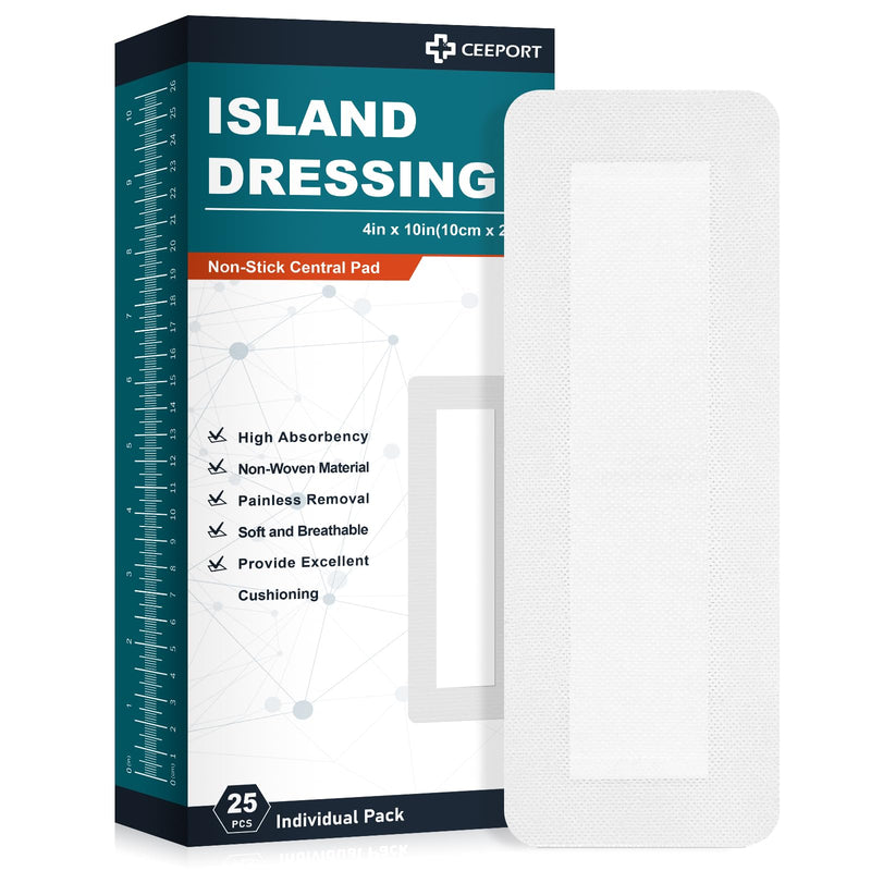 [Australia - AusPower] - Island Dressing Bordered Gauze 4"x10", 25 Individually Packed Non-Stick Pad in Center with Adhesive Border,Soft & Highly Absorbent Medical Grade Dressing Gauze Pad for Wound Care and First Aid 