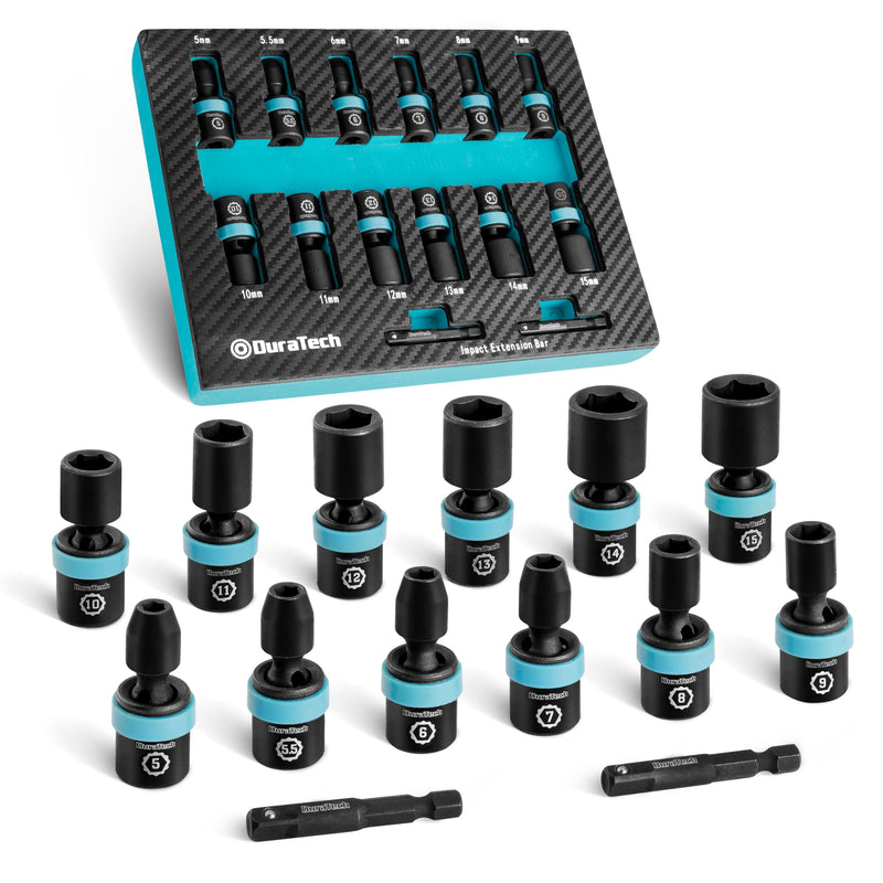 DURATECH 1/4" Drive Impact Universal Joint Socket Set, 14-Piece, 5mm-15mm | Swivel Socket Set, 360° Rotation, Metric, with 2" Extension Bars, 6-Point, Cr-Mo Steel, Organized in EVA Foam Organizer