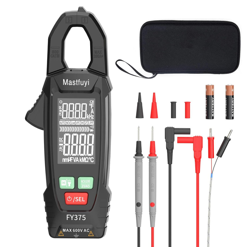 [Australia - AusPower] - Digital Clamp Meter Multimeter Tester T-RMS 6000 Counts, Auto-ranging Voltage Amp Tester with NCV Measures AC/DC Voltage & Current, Resistance, Capacitance, Frequency, Continuity, Live Wire FY375 
