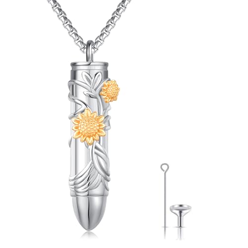 Bullet Urn Necklace for Ashes Cremation Jewelry 925 Sterling Silver Sunflower Pendant Necklace Memorial Keepsake Pendant