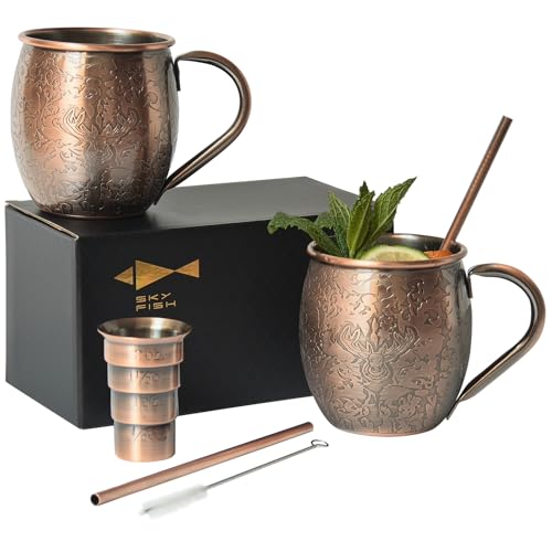 Sky Fish 3D Etched Moscow Mule Copper Plated Mugs Set of 2 Stainless Steel Mugs 18 oz Premium Gift Set with 2 Cocktail Copper Straws, Jigger