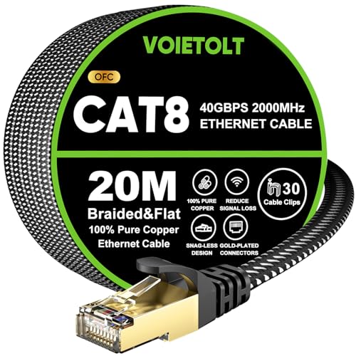 CAT 8 LAN Cable 20 m, 40 Gbps Network Cable Ethernet Flat Braided | High Speed S/FTP Shielded Internet Cable RJ45 Gold-Plated Connector Patch Cable for Gaming PS4/5, Modem, Router, PC, TV 20Meter‌